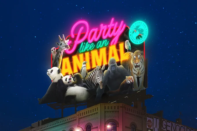 A billboard design that shows zoo animals. billboard reads "party like an animal."