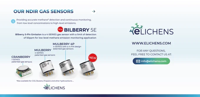 Bilberry Next-gen methane sensor is here!
eLichens Bilberry has finally arrived on Earth! This cutting-edge 4-Series methane sensor is engineered for low-level methane emission monitoring with unmatched precision and efficiency.

Key Features:
 - Ultra-low energy consumption: <0.4mW power usage.
 - 50ppm accuracy – The world’s first miniaturized NDIR sensor with this level of precision.
 - Continuous CH4 monitoring – From low-level leaks to high-concentration emissions.
 - Long lifespan with zero recalibration required.
 - Compact 5-pin design in a 4-series formfactor.
 - Fail-safe self-diagnostics & poison-resistant technology.

Why choose eLichens Bilberry
 With its patented NDIR dual-channel technology, Bilberry ensures accurate, real-time methane detection and monitoring, making it the ideal solution for emission compliance, gas leak prevention, and sustainable