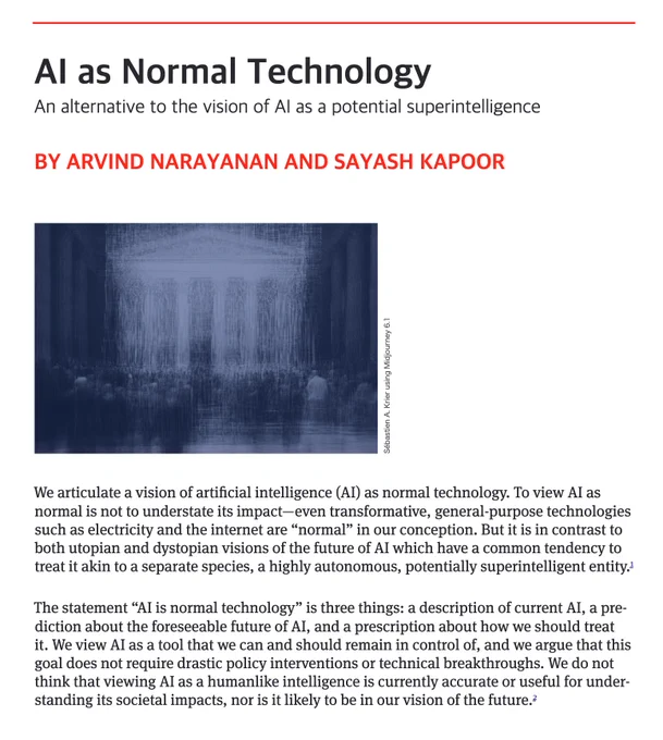 Image of the first page of the paper, available at https://kfai-documents.s3.amazonaws.com/documents/c3cac5a2a7/AI-as-Normal-Technology---Narayanan---Kapoor.pdf