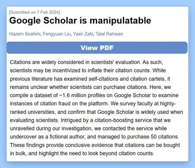 A screenshot of a paper titled, "Google Scholar is manipulatable."
