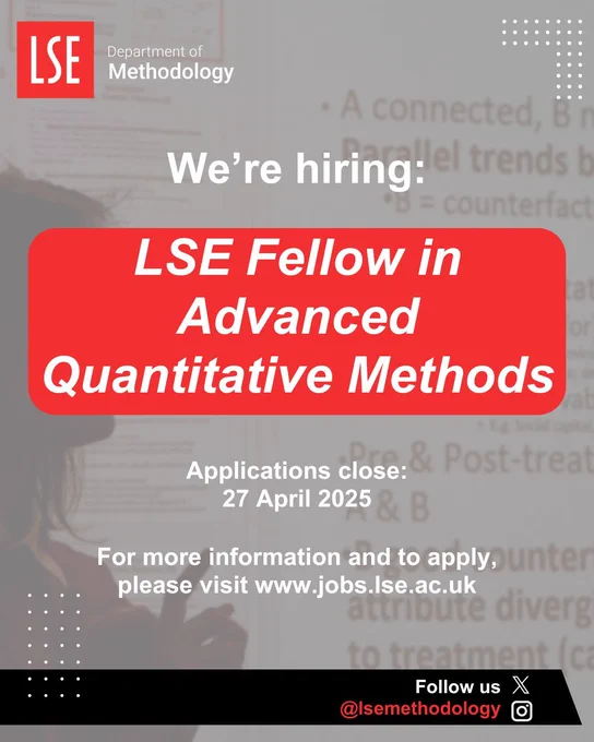 graphic that reads 'we're hiring: lse fellow in advances quantitative methods'