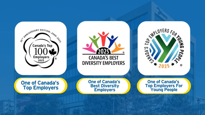 Three awards displayed for 2025: Canada's Top 100 Employers, Canada's Best Diversity Employers, and Canada's Top Employers for Young People, each with unique logos representing the accolades.