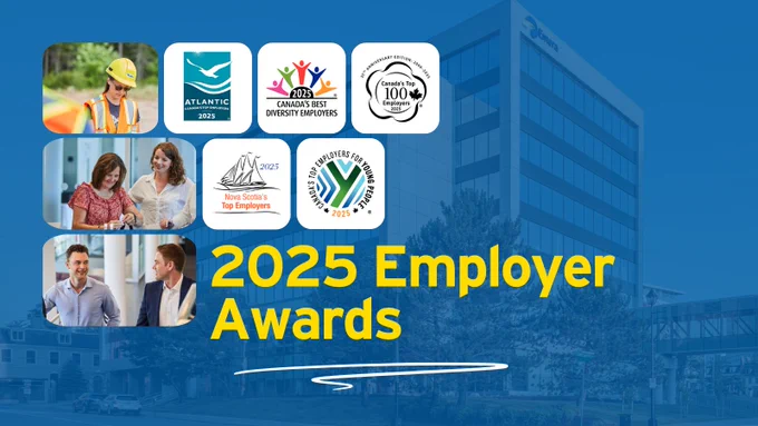 Image for the 2025 Employer Awards featuring a collage of diverse professional settings and logos of recognitions like Atlantic Canadas's Top Employers, Canada's Best Diversity Employers, Canada's Top 100 Employers, Nova Scotia's Top Employers, Canada's Top Employers For Young People, set against the backdrop of a modern office building.