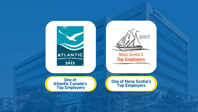Image showing two award badges. On the left, a badge with a seagull logo and the text 'Atlantic Canada's Top Employers 2025'. On the right, a badge featuring a sailing ship logo with the text 'Nova Scotia's Top Employers 2025'.