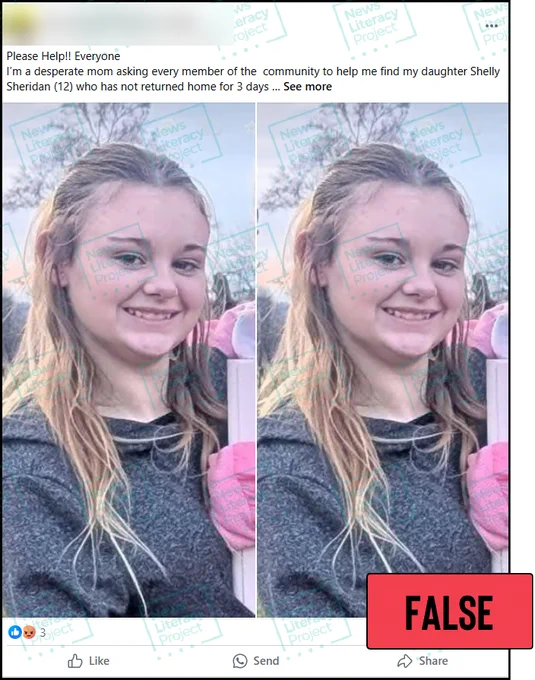A Facebook post reads, “Please Help!! Everyone. I’m a desperate mom asking every member of the community to help me find my daughter Shelly Sheridan (12) who has not returned home for 3 days” and features two images of a child. The News Literacy Project has added a label that says “FALSE.”