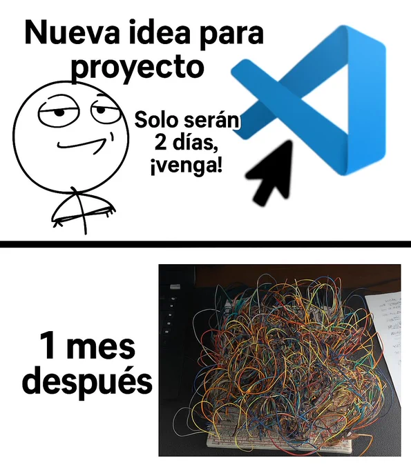 Meme dividido en dos partes. Parte superior: dibujo de un personaje confiado con el texto 'Nueva idea para proyecto' y 'Solo serán 2 días, ¡venga!', junto al logo de Visual Studio Code. Parte inferior: imagen de una maraña de cables desordenados sobre una mesa con el texto '1 mes después', representando el caos del proyecto con el paso del tiempo