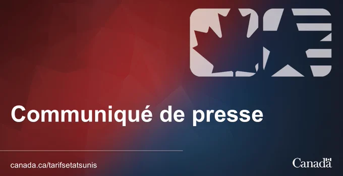 Graphique avec le texte : « Communiqué de presse ». Présente une feuille d’érable stylisée et une icône d’étoile sur un fond à gradient rouge-bleu. Le mot symbole « Canada » figure dans le coin inférieur droit.