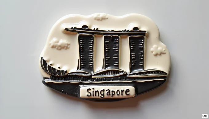 Prompt: creamy black glossy clay souvenir fridge magnet featuring hotel Marina Bay Sands with embossed, light-reflecting contours outlined in sharp black, subtle glaze drips at the corners with a medium-sized rectangular label at the bottom, engraved: "Singapore", surface treated with ceramic varnish, metallic background
