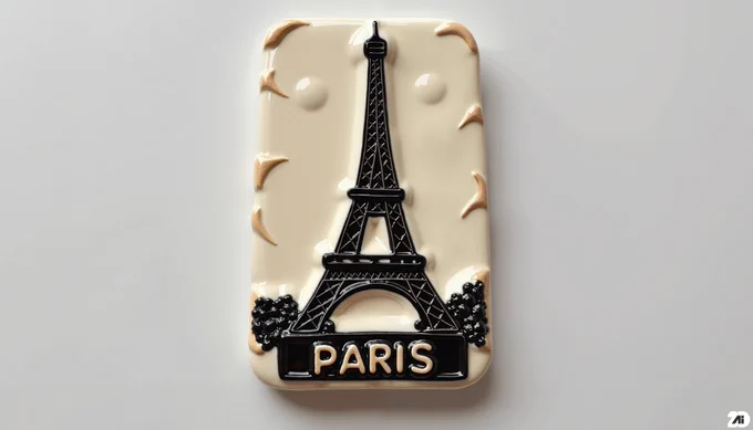 Prompt: creamy black glossy clay souvenir fridge magnet featuring the Eiffel Tower with embossed, light-reflecting contours outlined in sharp black, subtle glaze drips at the corners with a medium-sized rectangular label at the bottom, engraved: "Paris", surface treated with ceramic varnish, metallic background