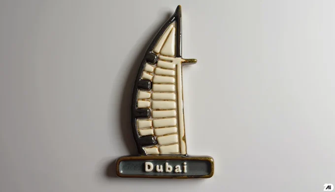 Prompt: creamy black glossy clay souvenir fridge magnet featuring the Burj Al Arab with embossed, light-reflecting contours outlined in sharp black, subtle glaze drips at the corners with a medium-sized rectangular label at the bottom, engraved: "Dubai", surface treated with ceramic varnish, metallic background