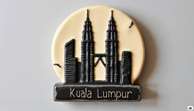 Prompt: creamy black glossy clay souvenir fridge magnet featuring the Petronas Twin Towers with embossed, light-reflecting contours outlined in sharp black, subtle glaze drips at the corners with a medium-sized rectangular label at the bottom, engraved: "Kuala Lumpur", surface treated with ceramic varnish, metallic background