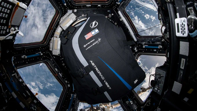The AstroRad vest in the Cupola module onboard the space station.

Credit: NASA