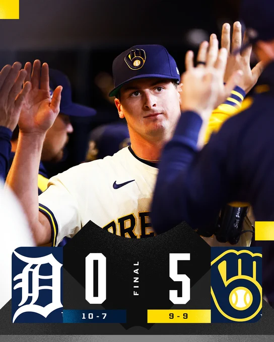 Final Score Graphic 4/15/2025
Tigers 0 (10-7) vs. Brewers 5 (9-9)
Pictured: Quinn Priester high-fives teammates in the Brewers dugout. He wears a cream-colored Brewers uniform with a blue cap.