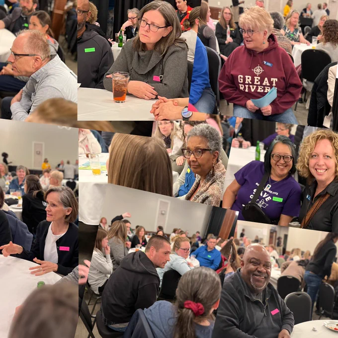 WRDSB school board trustees Scott, Joanne, Kathleen, Cindy, Maedith, Carla, Joe, and Mike, surrounded by WRDSB staff at tables.