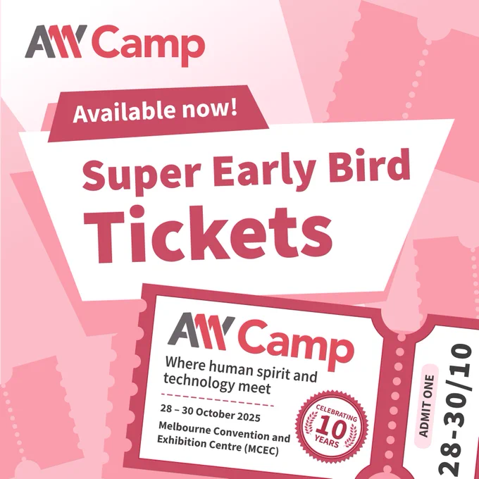A11y Camp. Available now! Super Early Bird Tickets. A11y Camp where human spirit and technology meet. Celebrating 10 years. 28 – 30 October 2025. Melbourne Convention and Exhibition Centre (MCEC). Admit one. 28 – 30/10. Ticket shaped images.