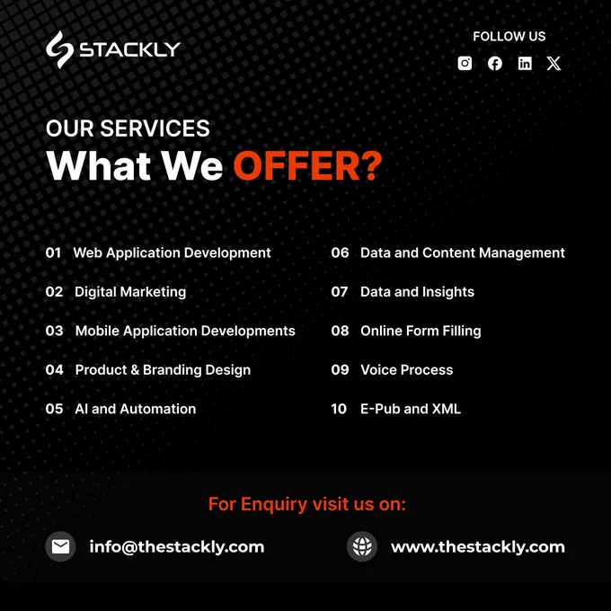 #stackly_Services✨🤝✨
#Web_Design💻
#Web_Application_Development
#Digital_Marketing
#Mobile_Applicayion_Development
#Product_and_Branding_Designs
#AI_and_Documentation 
#Data_and_Content_Management
#Data_and_Insights
#Online_Form_Filling
#Voice_Process
#EPub_and_XML