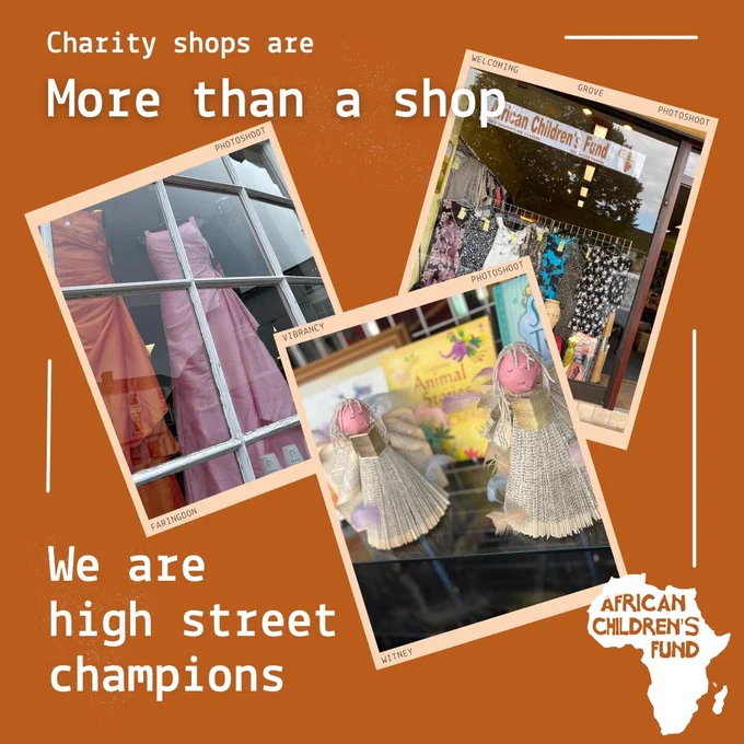 Graphic featuring text reading "Charity shops are more than a shop... we are high street champions". The image features 3 photos - one of pink & blush-coloured prom dresses in a shop window; one of clothing through a window under an African Children's Fund banner; and the third of two homemade paper figures created from book pages, with books behind them.