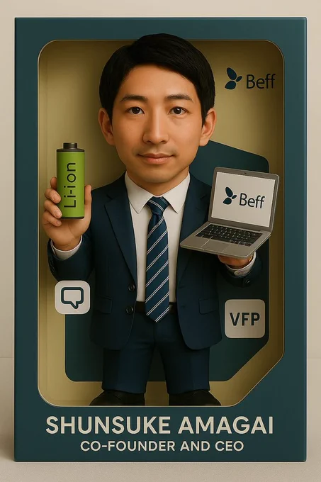 AI generated action figures of Shunsuke Amagai - Co-founder & CEO of BEFF and Kodai Nagano - Co-founder of BEFF. 