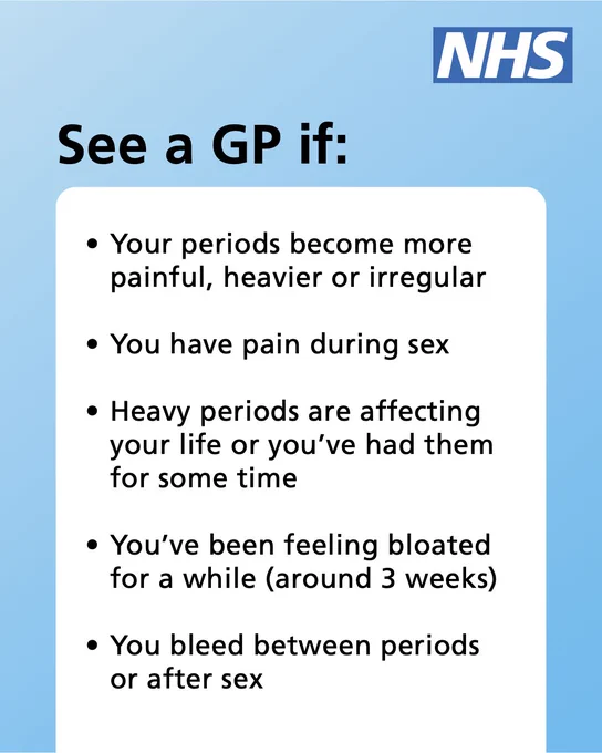 A blue NHS-branded graphic with the heading "See a GP if:" followed by bullet points:

Your periods become more painful, heavier or irregular

You have pain during sex

Heavy periods are affecting your life or you’ve had them for some time

You’ve been feeling bloated for a while (around 3 weeks)

You bleed between periods or after sex