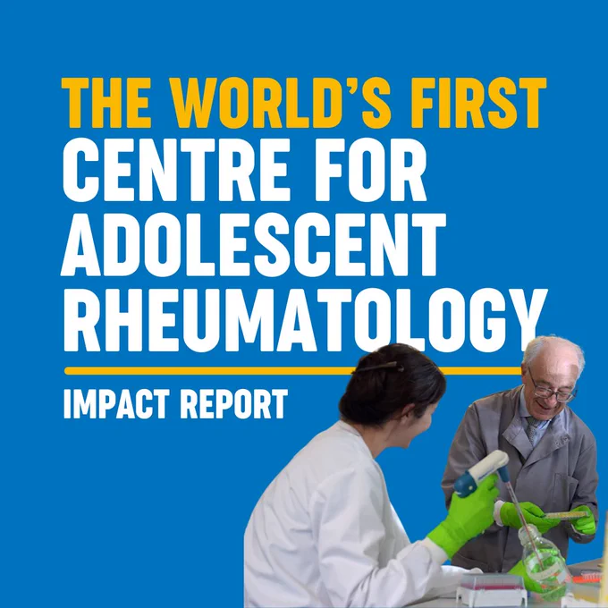 Promotional graphic for "The World's First Centre for Adolescent Rheumatology Impact Report," showing an individual in a lab coat interacting with scientific equipment, against a blue background.