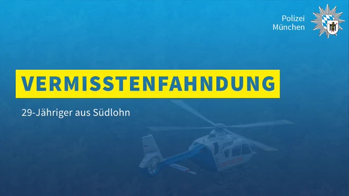Das Bild zeigt einen Polizeihubschrauber auf einem Flugplatz. Das Foto hat ein blaues Overlay mit der gelben Überschrift „Vermisstenfahndung“. Oben rechts befindet sich der Polizeistern des Polizeipräsidiums München.
