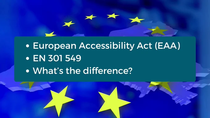 Europe on a map with the European Union flag over it. Text: European Accessibility Act (EAA), EN 301 549. What's the difference?