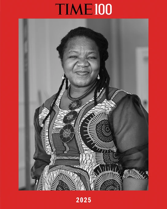 Black and white photo of CEO Angie Murimirwa featured in TIME 100, smiling and wearing a patterned dress. The year 2025 is displayed at the bottom.