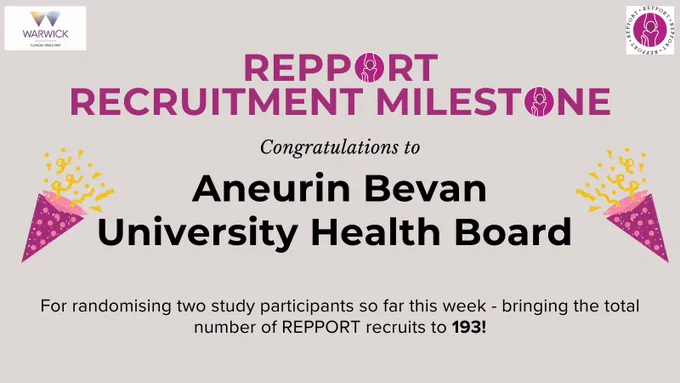 REPPORT Recruitment Milestone - message to congratulate the team at Aneurin Bevan University Health Board for randomising two study participants so far this week. This beings the total number of REPPORT recruits to 193. 