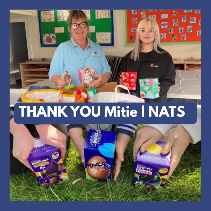 Two stacked photographs with text in the middle that reads “Thank you Mitie | NATS.” The first photograph is of a Simon Says Volunteer with Grace and each are holding two Easter Eggs. They are stood next to each other in a classroom behind a table. On the table are shopping bags filled with Easter Eggs. The second photograph is a close up of three young children. Only their hands are visible. Each are holding an Easter Egg which are placed on the grass below them.