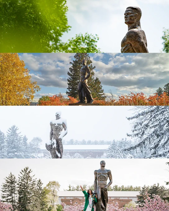 Four images of the Spartan statue stacked, each image is from a different season 