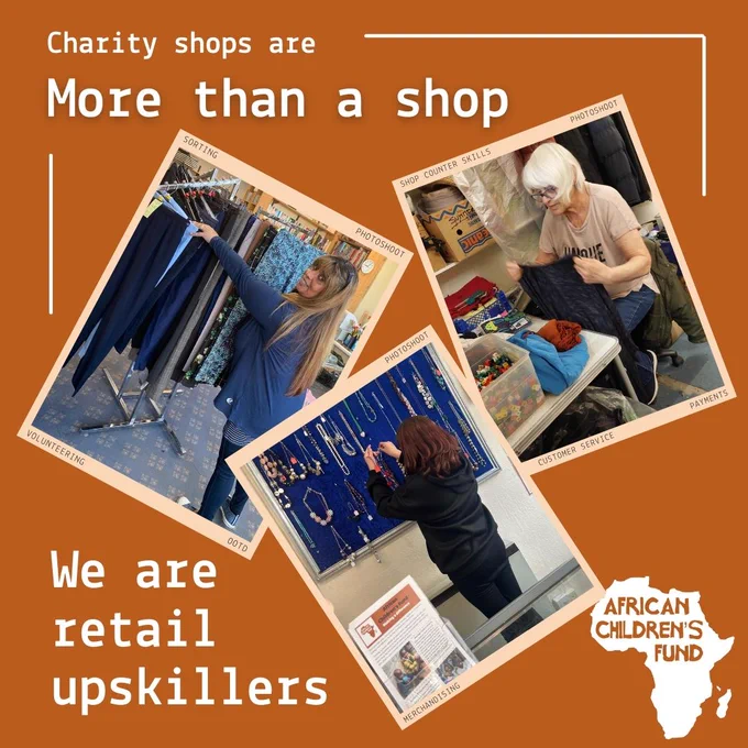 Graphic featuring text reading "Charity shops are more than a shop... we are retail upskillers". The image features 3 photos - one of a smiling lady looking over her shoulder, while putting clothes on a rail; another of a seated lady holding up a garment to check its size; and the third of the back of a lady who is organising a jewellery display on a blue pin board.