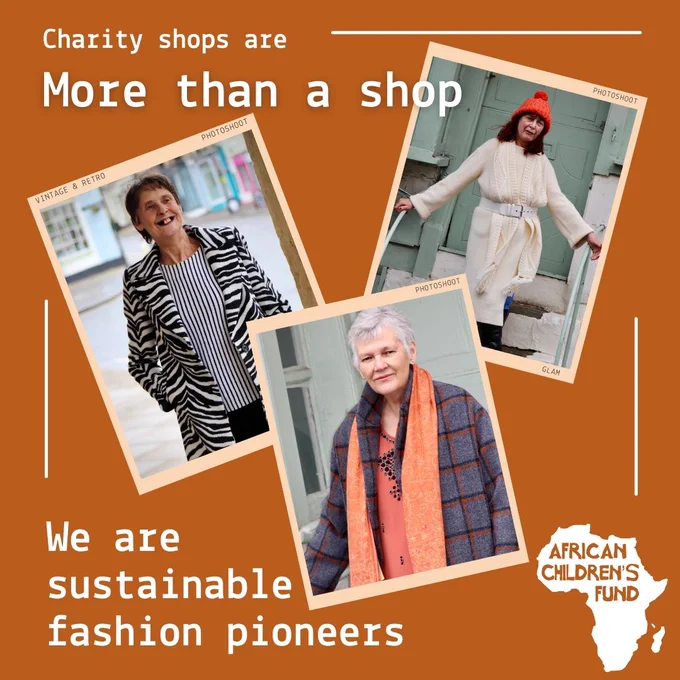 Graphic featuring text reading "Charity shops are more than a shop... we are sustainable fashion pioneers". The image features 3 photos - one of a smiling lady in a black & white zebra print coat and a black & white striped top underneath; one of a lady in a knee-length cream cardigan and orange bobble hat; and one of a lady in a grey checked coat, orange scarf and salmon-coloured top underneath.