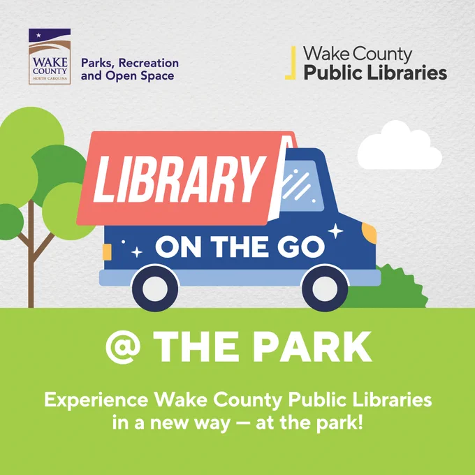 Promotional graphic for the Library on the Go @ The Park program.