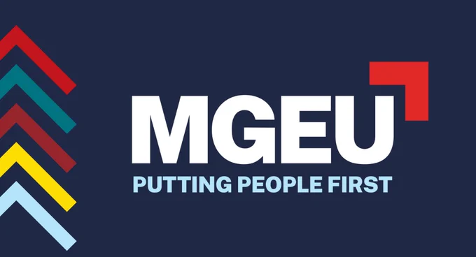 Multi-coloured chevron on the left. MGEU logo in white text on blue background. Red corner element on top right. Tagline says putting people first.