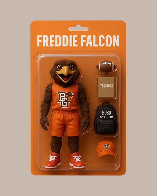 Action figure of Freddie Falcon, the mascot of Bowling Green State University, packaged with accessories including a football, textbook, and backpack. The figure is dressed in an orange jersey and brown shorts.
