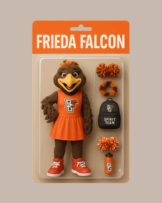 Packaged mascot toy labeled 'Frieda Falcon' from Bowling Green State University, including a figure in a cheerleader outfit with accessories like pom-poms and a spirit team cap.