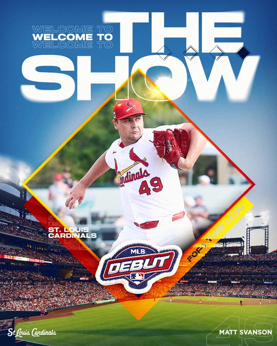 Graphic with the title "WELCOME TO THE SHOW" and a photo of pitcher Matt Svanson throwing a pitch.