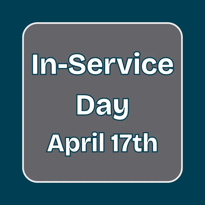 Dark blue square graphic containing a white-bordered gray square with rounded corners. White text in the gray square says "In-Service Day / April 17th".