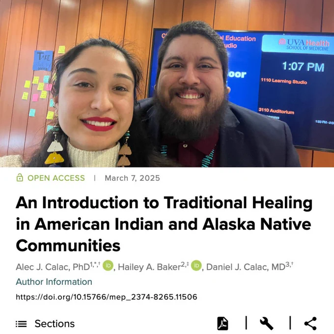 Alec Calac (Luiseño), pictured with Brianna Baldwin (Navajo Nation), after presenting his module on traditional healing to medical students at The University of Virginia as part of their Social Issues in Medicine Course.