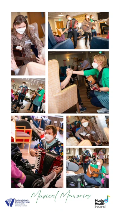  set of photos arranged like a puzzle with a musican in each kneeling or standing infront of a nursing home resident in a chair.