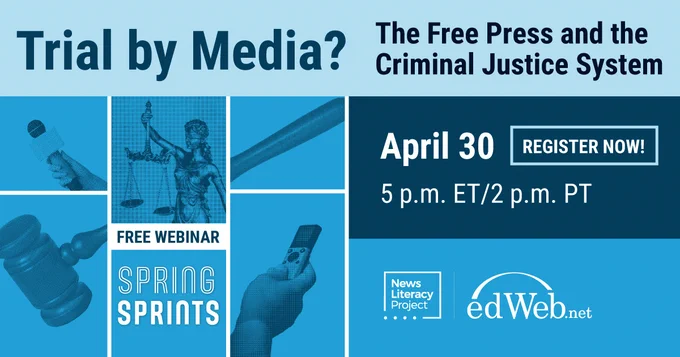 A screen shows imagery related to reporting on the criminal justice system: a gavel, microphone, scale, tape recorder. 

Header text: Trial by Media? The Free Press and the Criminal Justice System

April 30 REGISTER NOW
5 p.m. ET/2 p.m. PT