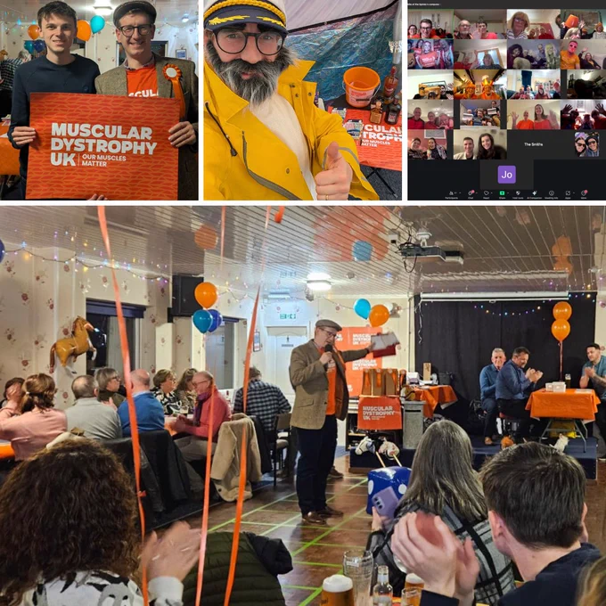 A collection of photos from the fundraising journey. Top left with my cousin Alex; middle top fancy dress as Captain Birdseye; top right a virtual quiz; and bottom centre under starter's orders at the Race Night. 