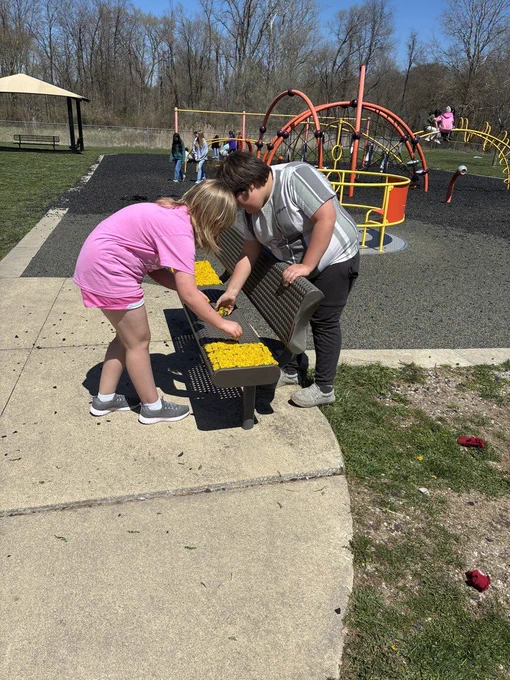 students work together to fill the bench with dandelions
