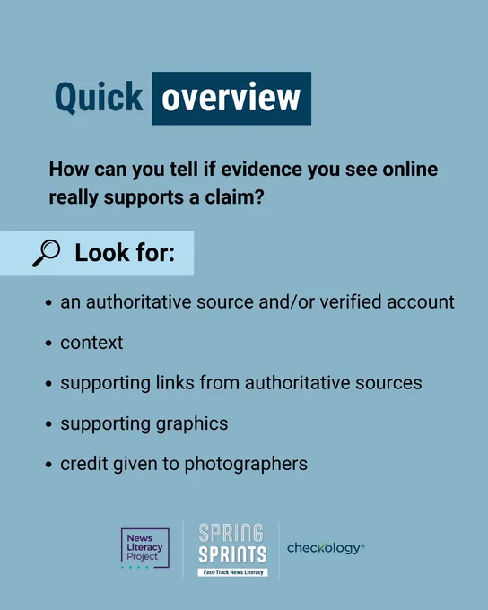 Text-heavy graphic:

Quick overview

How can you tell if evidence you see online really supports a claim?

Look for:
- an authoritative source and/or verified account
- context
- supporting links from authoritative sources
- supporting graphics
- credit given to photographers 