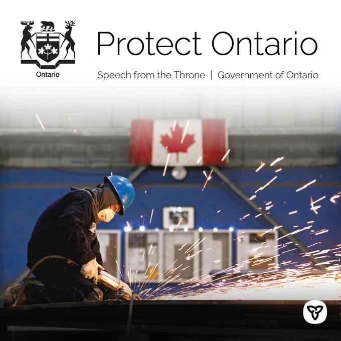 A skilled trades employee works in front of a Canadian flag with the text "Protect Ontario: Speech from the Throne | Government of Ontario" on screen.