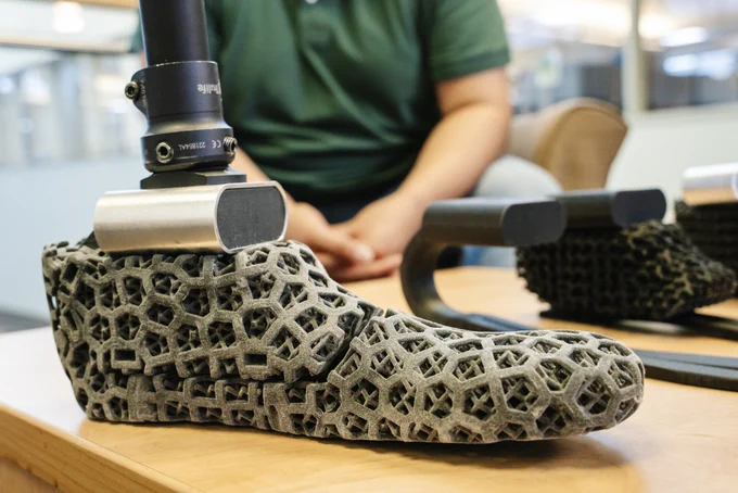 A close-up of the prosthetic foot developed by CSU students in the Walter Scott, Jr. College of Engineering.