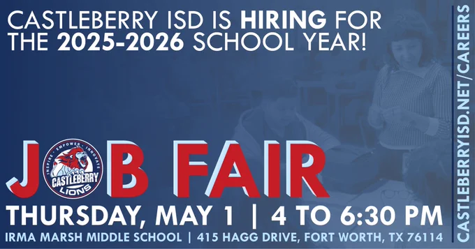 Blue-toned graphic promoting Castleberry ISD's Job Fair. Bold white and red text reads: “Castleberry ISD is hiring for the 2025–2026 school year!” Below that, large red and white text says “Job Fair – Thursday, May 1 | 4 to 6:30 PM.” The location is listed as Irma Marsh Middle School, 415 Hagg Drive, Fort Worth, TX 76114. The Castleberry Lions logo is used in place of the "O" in "Job." On the right edge, vertical text reads “castleberryisd.net/careers.” A faded background image shows a teacher interacting with students in a classroom.
