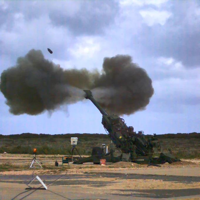 The new SMArt 155 Anti Armour shell being tested at Port Wakefield testing range from a M777A2 155mm Howitzer.