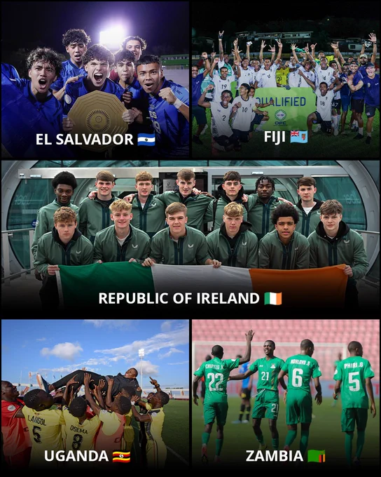 A picture collage of all the teams who have qualified for the FIFA U-17 World Cup Qatar 2025.
Top-left: El Salvador
Top-right: Fiji
Centre: Republic of Ireland
Bottom-left: Uganda
Bottom-right: Zambia