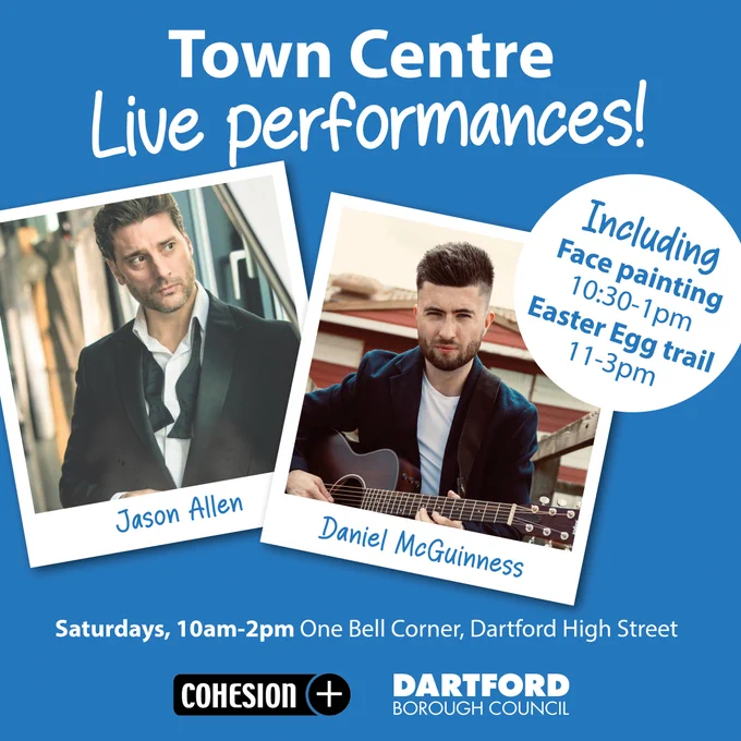 Town Centre live performances! Including face painting 10.30 - 1pm,  Easter Egg trail 11 - 3pm. Pictured: Jason Allen and Daniel McGuinness. Saturdays, 10am to 2pm at One Bell Corner, Dartford High Street